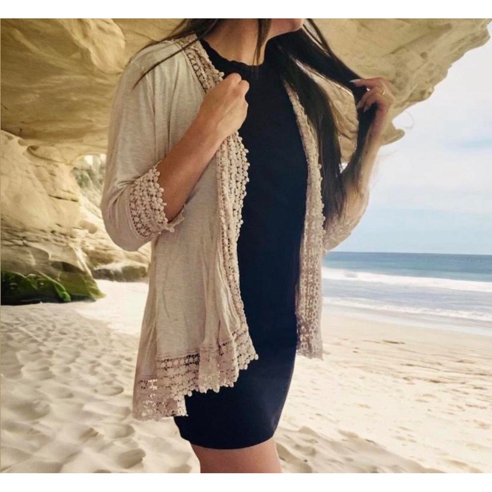Katies Women Taupe Crochet Lace Trim Open Front Cardigan Slub Knit Kimono 1XL